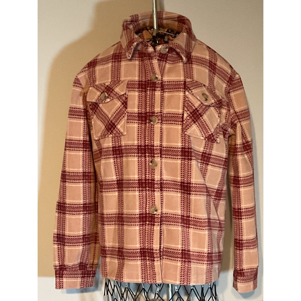 Love Fire Pink‎ Plaid Fleece Shacket Button Front Shirt Jacket Large BKFTKC329